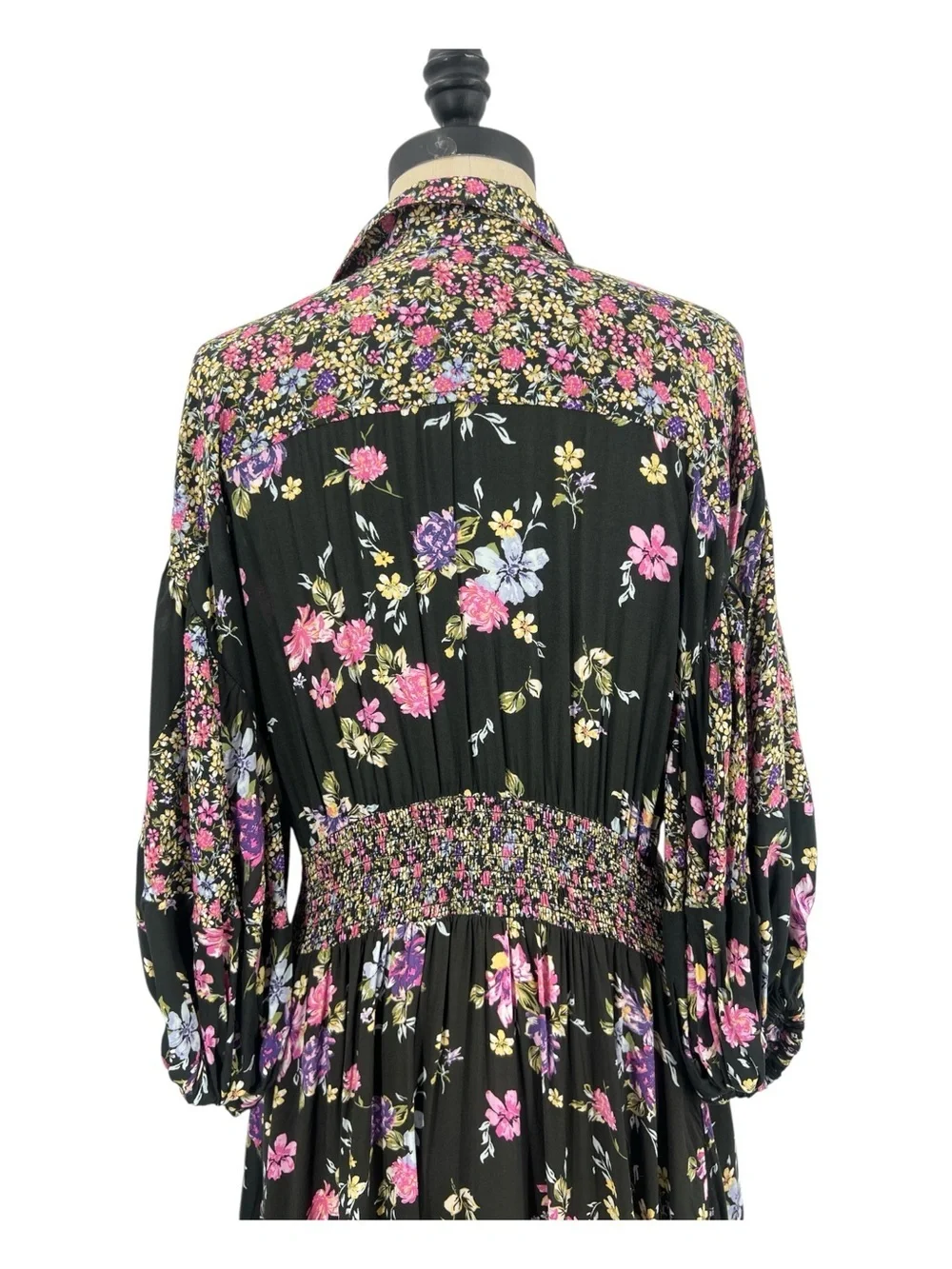 Free people, Maxi floral Bohemian Buttoned Puff Sleeve Black & Pink Dress M